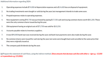 Additional information regarding 2024:
1. Operating expenses include $74,000 of depreciation expense and a $14,600 loss on disposal of equipment.
2.
No trading investments were bought or sold during the year, but management intends to trade some soon.
3.
Prepaid expenses relate to operating expenses.
4.
New equipment costing $98,730 was purchased by paying $17,530 cash and issuing common shares worth $81,200. These
were the only common shares issued during the year.
5.
Old equipment having an original cost of $75,700 was sold for $10,250.
6.
Accounts payable relate to inventory suppliers.
7.
A new $90,000 bank loan was received during the year and bank loan payments were also made during the year.
8.
No common shares were issued for cash during the year, but some were bought back and cancelled at the same price that
they were originally issued at.
9.
The company paid dividends during the year.
(a) Prepare the statement of cash flows, using the indirect method. (Show amounts that decrease cash flow with either a -sign e.g. -15,000
or in parenthesis e.g. (15,000).)