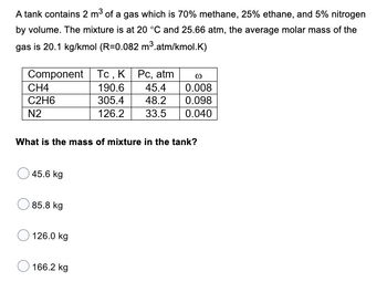 A tank contains 2 m³ of a gas which is 70% methane, 25% ethane, and 5% nitrogen
by volume. The mixture is at 20 °C and 25.66 atm, the average molar mass of the
gas is 20.1 kg/kmol (R=0.082 m³.atm/kmol.K)
Component
CH4
C2H6
N2
45.6 kg
What is the mass of mixture in the tank?
85.8 kg
126.0 kg
Tc, K
Pc, atm
190.6
45.4
305.4
48.2
126.2 33.5
166.2 kg
00
0.008
0.098
0.040