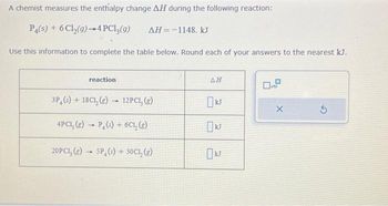 A chemist measures the enthalpy change AH during the following reaction:
P4(s) + 6 Ch₂(g) 4 PC13 (9) ΔΗ = -1148. kJ
Use this information to complete the table below. Round each of your answers to the nearest kJ.
reaction.
3P (s) + 18CL₂ (g)
12PC1, (g)
4PC1, (g) P, (s) + 6CL₂ (8)
-
20PC1, (g) 5P (s) + 30C1, (g)
ΔΗ
KJ
0.0
X
Ś