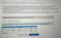 Use the information in each of the following separate cases to calculate the unknown amount.
a. Corentine Company had $152,000 of accounts payable on September 30 and $132,500 on October 31. Total purchases on
credit during October were $281,000. Determine how much cash was paid on accounts payable during October.
b. On September 30, Valerian Company had a $102,500 balance in Accounts Receivable. During October, the company collected
$102,890 from its credit customers. The October 31 balance in Accounts Receivable was $89,000. Determine the amount of
sales on credit that occurred in October.
c. During October, Alameda Company had $102,500 of cash receipts and $103,150 of cash disbursements. The October 31 Cash
balance was $18,600. Determine how much cash the company had at the close of business on September 30.
Complete this question by entering your answers in the tabs below.
Required A
Required B
Required C
Corentine Company had $152,000 of accounts payable on September 30 and $132,500 on October 31. Total purchases
on credit during October were $281,000. Determine how much cash was paid on accounts payable during October.
Accounts Payable
2$
Ending balance
Required B
>
T Recủired A
