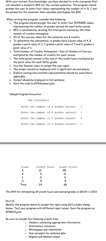 With your current Java knowledge, you have decided to write a program that
will calculate a student's GPA for the current semester. The program should
prompt the user to enter four values representing the number of A, B, C and
Ds earned for the semester then calculate and display the GPA.
When writing the program, consider the following:
The program should prompt the user to enter four INTEGER values
representing the number of grades earned for each letter grade.
GPA is calculated by dividing the total points earned by the total
number of credits attempted.
All of the courses taken for the semester are 4 credits.
●
●
●
●
●
To determine the calculations, A grades have a point value of 4, B
grades a point value of 3, C grades a point value of 2 and D grades a
point value of 1.
Total Number of Credits Attempted = Sum of Number of Courses
multiplied by the number of credits for each course.
The total points earned is the sum of the credit hours multiplied by
the point value for each letter grade.
Use the Scanner class to accept the user input.
The output should be displayed with 3 significant decimal places.
Explicit casting and constant representation should be used where
applicable.
• Output should be displayed in full sentence.
Save the code as GPAScanner.java
Sample Program Execution:
GPA Calculator
Enter the number of A grades earned: 3
Enter the number of B grades earned:: 1
Enter the number of C grades earned: 0
Enter the number of D grades earned: : 2
Grade
A
B
с
D
Total
Credit Hours
12
4
0
8
24
Grade Points
48
12
0
Be sure to include the following in both files
8
68
The GPA for attempting 24 credit hours and earned grades is 68/24 = 2.833
Part II.
Modify the program above to accept the input using GUI window dialog
boxes. Test your program with different input values. Save the program as
GPAGUI.java
Headers containing appropriate information
o Informative comments
O Whitespace and indentation
O User prompts for entered data
o Aligned and labeled output