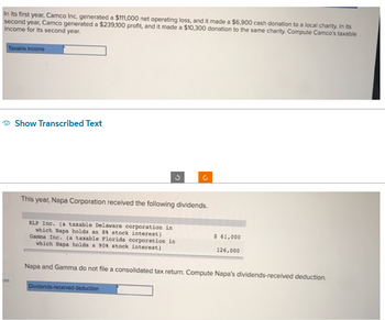 In its first year, Camco Inc. generated a $111,000 net operating loss, and it made a $6,900 cash donation to a local charity. In its
second year, Camco generated a $239,100 profit, and it made a $10,300 donation to the same charity. Compute Camco's taxable
income for its second year.
Taxable income
ces
Show Transcribed Text
This year, Napa Corporation received the following dividends.
KLP Inc. (a taxable Delaware corporation in
which Napa holds an 88 stock interest)
Gamma Inc. (a taxable Florida corporation in
which Napa holds a 90% stock interest)
o
Dividends-received deduction
$ 61,000
126,000
Napa and Gamma do not file a consolidated tax return. Compute Napa's dividends-received deduction.