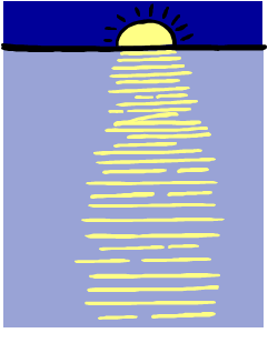 The image depicts a simple representation of a sunset over water. 

- At the top of the image, there is a yellow sun partially hidden by a black horizon line. The sun has small black lines radiating outward, symbolizing sunlight.
- Below the horizon, a series of horizontal, parallel yellow lines extend downward, representing the reflection of the sunlight on the water’s surface.
- The background is a gradient of dark blue at the top, transitioning to a lighter blue as it descends, illustrating the sky and water. 

This diagram artistically showcases the natural phenomenon of a sunset, highlighting the reflections typically seen during sunset over a body of water.