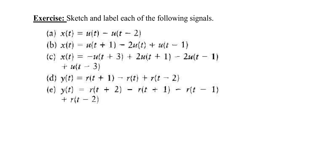 SOLVED: a) Sketch the waveform of the following signal: x(t) = u(t+1) -  2u(t) + u(t-1) b) A signal x(t) is depicted in Figure 1. Sketch each of the  following signals derived