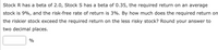 **Problem Statement:**

Stock R has a beta of 2.0, Stock S has a beta of 0.35, the required return on an average stock is 9%, and the risk-free rate of return is 3%. By how much does the required return on the riskier stock exceed the required return on the less risky stock? Round your answer to two decimal places.

**Solution Explanation:**

To calculate the required return on each stock, we use the Capital Asset Pricing Model (CAPM), which is given by the formula:

\[ \text{Required Return} = \text{Risk-free Rate} + \beta \times (\text{Market Return} - \text{Risk-free Rate}) \]

**For Stock R:**
- Beta (\(\beta_R\)) = 2.0
- Risk-free Rate = 3%
- Market Return = 9%
- Required Return for Stock R = \(3\% + 2.0 \times (9\% - 3\%) = 3\% + 2.0 \times 6\% = 3\% + 12\% = 15\%\)

**For Stock S:**
- Beta (\(\beta_S\)) = 0.35
- Risk-free Rate = 3%
- Market Return = 9%
- Required Return for Stock S = \(3\% + 0.35 \times (9\% - 3\%) = 3\% + 0.35 \times 6\% = 3\% + 2.1\% = 5.1\%\)

**Difference in Required Returns:**

The difference in the required return between the riskier stock (Stock R) and the less risky stock (Stock S) is:

\[ 15\% - 5.1\% = 9.9\% \]

Thus, the required return on the riskier stock exceeds the required return on the less risky stock by **9.9%**.