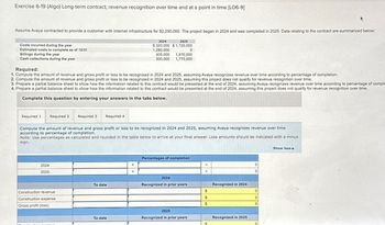 Exercise 6-19 (Algo) Long-term contract; revenue recognition over time and at a point in time [LO6-9]
Assume Avaya contracted to provide a customer with Internet infrastructure for $2,250,000. The project began in 2024 and was completed in 2025. Data relating to the contract are summarized below:
Costs incurred during the year
Estimated costs to complete as of 12/31
Billings during the year
Cash collections during the year
Required:
2024
2025
$ 320,000 $1,720,000
1,280,000
405,000
300,000
0
1,670,000
1,775,000
1. Compute the amount of revenue and gross profit or loss to be recognized in 2024 and 2025, assuming Avaya recognizes revenue over time according to percentage of completion.
2. Compute the amount of revenue and gross profit or loss to be recognized in 2024 and 2025, assuming this project does not qualify for revenue recognition over time.
3. Prepare a partial balance sheet to show how the information related to this contract would be presented at the end of 2024, assuming Avaya recognizes revenue over time according to percentage of comple
4. Prepare a partial balance sheet to show how the information related to this contract would be presented at the end of 2024, assuming this project does not qualify for revenue recognition over time.
Complete this question by entering your answers in the tabs below.
Required 1 Required 2
Required 3
Required 4
Compute the amount of revenue and gross profit or loss to be recognized in 2024 and 2025, assuming Avaya recognizes revenue over time
according to percentage of completion.
Note: Use percentages as calculated and rounded in the table below to arrive at your final answer. Loss amounts should be indicated with a minus
sign.
2024
2025
To date
Construction revenue
Construction expense
Gross profit (loss)
Percentages of completion
+
+
0
2024
Recognized in prior years
Recognized in 2024
$
0
$
0
$
0
2025
To date
Recognized in prior years
Recognized in 2025
0
Show less A