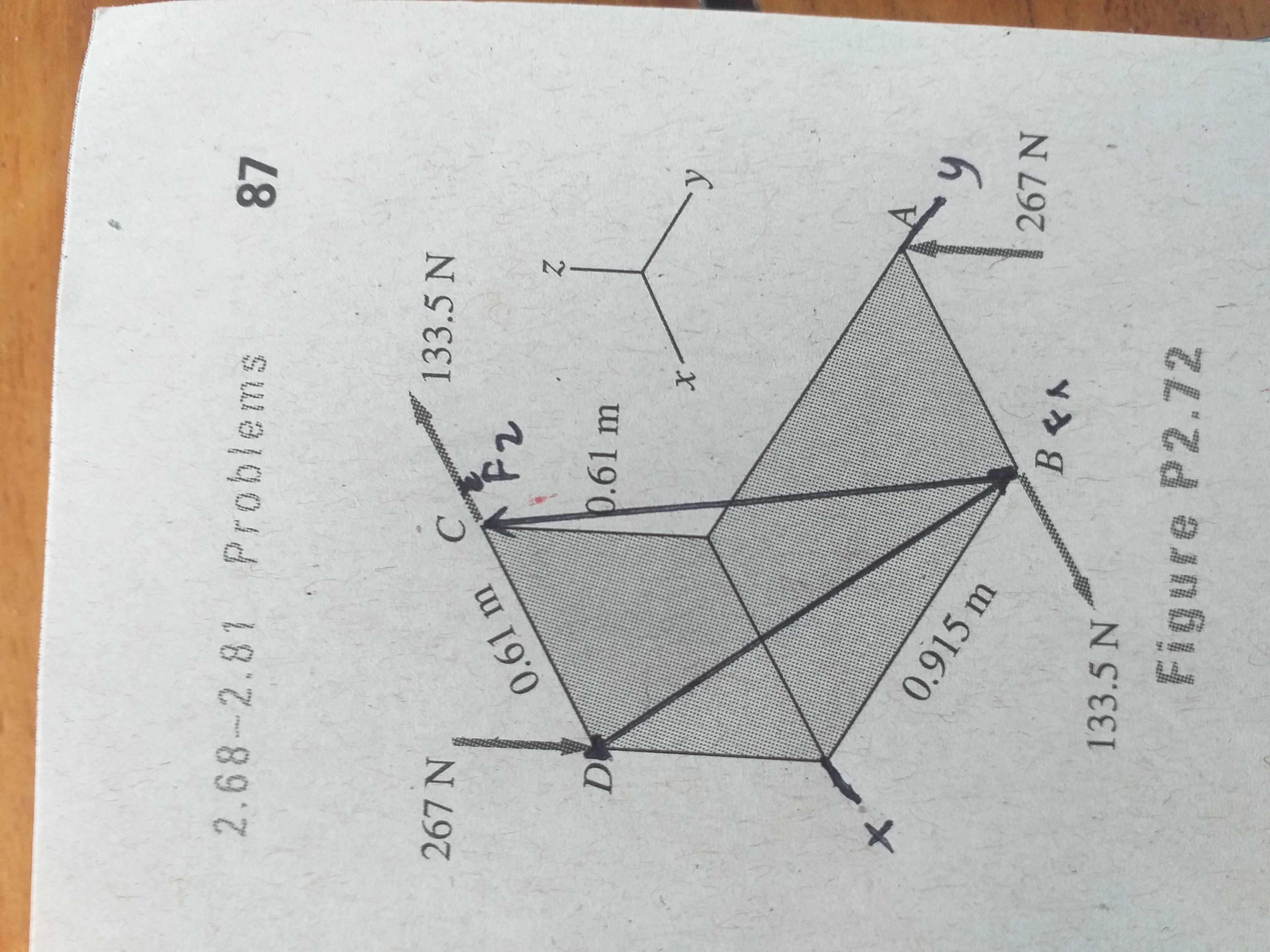 2.68-2.81 Problems
87
this
267 N
C'
133.5 N
2000
0.61 m
D
0.61 m
メ
0.915 m
ఆ
267 N
133.5 N
Figure P2.72
