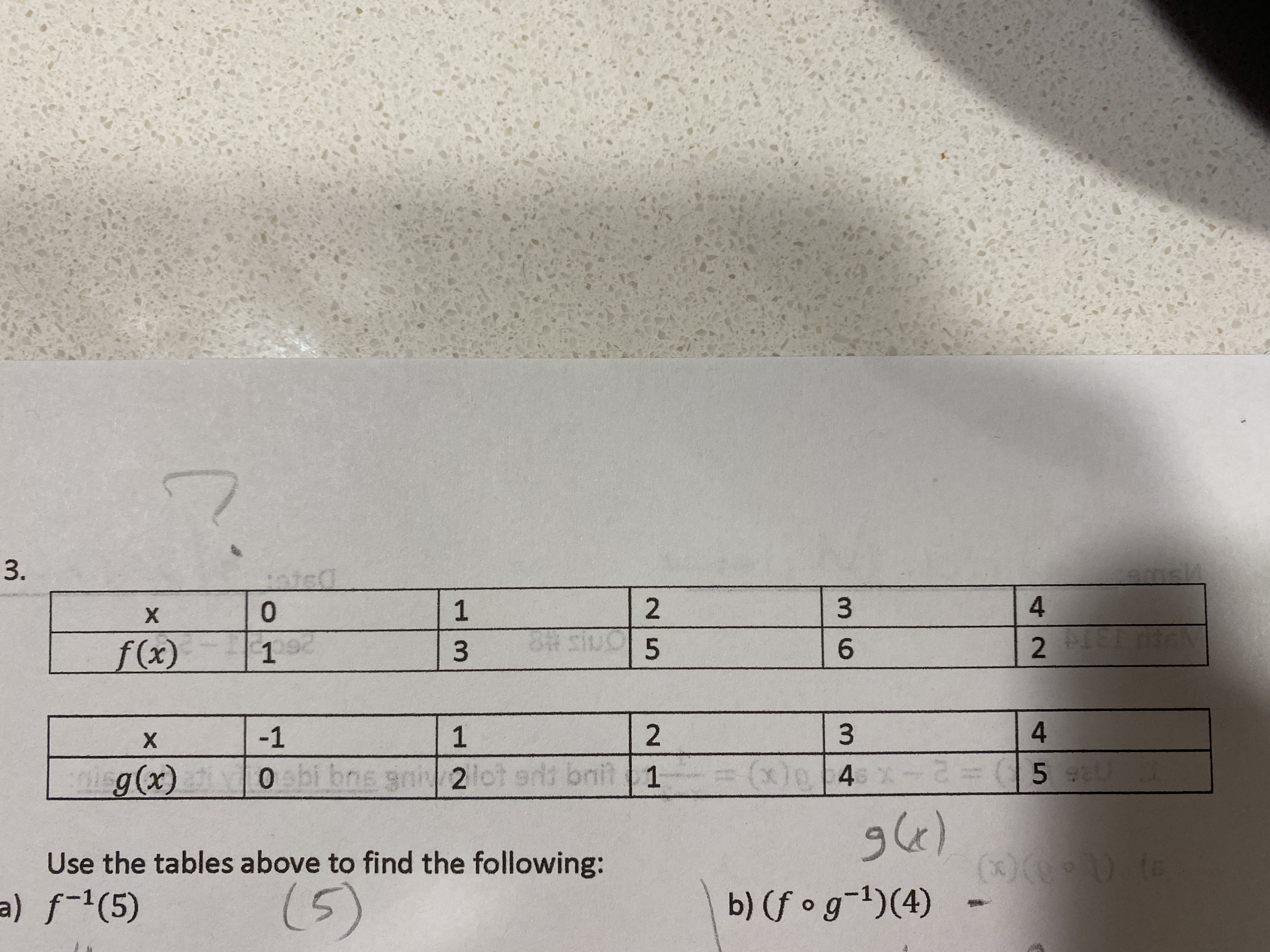 3.
2.
4.
LEA
f(x)
192
2
6.
-1
nisg(x)
0sbi bne gni2lot ent bnit 1
(x)04 x- 5 .
Use the tables above to find the following:
(5)
(x)(
b) (f • g-1)(4)
a) f-1(5)
