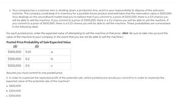 1. Your company has a customer who is shutting down a production line, and it is your responsibility to dispose of the extrusion
machine. The company could keep it in inventory for a possible future product and estimates that the reservation value is $100,000.
Your dealings on the secondhand market lead you to believe that if you commit to a price of $200,000, there is a 0.5 chance you
will be able to sell the machine. If you commit to a price of $300,000, there is a 0.2 chance you will be able to sell the machine. If
you commit to a price of $400,000, there is a 0.15 chance you will be able to sell the machine. These probabilities are summarized
in the following table.
For each posted price, enter the expected value of attempting to sell the machine at that price. (Hint: Be sure to take into account the
value of the machine to your company in the event that you are not be able to sell the machine.)
Posted Price Probability of Sale Expected Value
($)
($)
$400,000 0.15
$300,000 0.2
$200,000 0.5
a.
a. $400,000
b. $200,000
c. $300,000
b.
C.
Assume you must commit to one posted price.
2. In order to maximize the expected profit of the potential sale, which posted price would you commit to in order to maximize the
expected value of the potential sale of the machine?