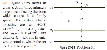 P.
69 Figure 23-59 shows, in
cross section, three infinitely os
large nonconducting sheets on
which charge is uniformly
spread. The surface charge
densities are n = +2.00
µC/m?, o = +4.00 µC/m?,
and oz = -5.00 uC/m?, and
T/2
L.
2L
%3!
%3!
distance L = 1.50 cm. In unit-
L.
vector notation, what is the net oI
electric field at point P?
Figure 23-59 Problem 69.
