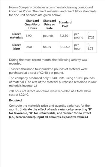 Huron Company produces a commercial cleaning compound
known as Zoom. The direct materials and direct labor standards
for one unit of Zoom are given below:
Direct
materials
Direct
labor
Standard Standard
Quantity or
Price or
Hours
Rate
pounds
6.90
0.50
hours
Standard
Cost
$2.50
$13.50
per $
pound 17.25
per $
hour 6.75
During the most recent month, the following activity was
recorded:
Thirteen thousand four hundred pounds of material were
purchased at a cost of $2.40 per pound.
The company produced only 1,340 units, using 12,060 pounds
of material. (The rest of the material purchased remained in raw
materials inventory.)
770 hours of direct labor time were recorded at a total labor
cost of $9,240.
Required:
Compute the materials price and quantity variances for the
month. (Indicate the effect of each variance by selecting "F"
for favorable, "U" for unfavorable, and "None" for no effect
(i.e., zero variance). Input all amounts as positive values.)