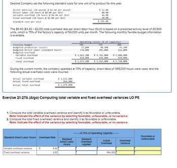 Sedona Company set the following standard costs for one unit of its product for this year.
Direct material (20 pounds @ $2.60 per pound)
Direct labor (10 hours @$8.00 per DLH)
Variable overhead (10 hours @ $4.48 per DLH)
Fixed overhead (10 hours @ $2.00 per DLH)
Standard cost per unit
$ 52.00
80.00
44.00
20.00
$196.00
The $6.40 ($4.40 + $2.00) total overhead rate per direct labor hour (DLH) is based on a predicted activity level of 40,500
units, which is 75% of the factory's capacity of 54,000 units per month. The following monthly flexible budget information
is available.
Flexible Budget
Budgeted production (units)
Budgeted direct labor (standard hours)
Budgeted overhead
Variable overhead
Fixed overhead
Total overhead
Operating Levels (% of capacity)
78%
37,800
378,000
$ 1,663,200
810,000
$ 2,473,200
75%
80x
40,500
485,000
43,200
432,000
$1,900,800
810,000
$ 1,782,000
810,000
$ 2,592,000
$ 2,710,800
During the current month, the company operated at 70% of capacity, direct labor of 365,000 hours were used, and the
following actual overhead costs were incurred.
Actual variable overhead
Actual fixed overhead
Actual total overhead
$ 1,625,000
854,000
$ 2,479,000
Exercise 21-27A (Algo) Computing total variable and fixed overhead varlances LO P5
1. Compute the total variable overhead variance and identify it as favorable or unfavorable.
Note: Indicate the effect of the variance by selecting favorable, unfavorable, or no varlance.
2. Compute the total fixed overhead variance and identify it as favorable or unfavorable.
Note: Indicate the effect of the variance by selecting favorable, unfavorable, or no varlance.
Standard Direct Labor Hours Overhead Rate
--At 70% of Operating Capacity-------
Standard
Direct Labor
Hours
Standard
Overhead
Applied
Actual
Overhead
Overhead
Varlance
Variable overhead variance
Fixed overhead variance
S
4.40
2.00
854,000
Favorable or
Unfavorable