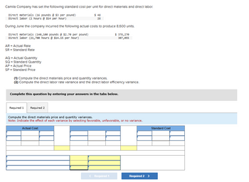 Camila Company has set the following standard cost per unit for direct materials and direct labor.
Direct materials (16 pounds @ $3 per pound)
Direct labor (2 hours @ $14 per hour)
$ 48
28
During June the company Incurred the following actual costs to produce 8,600 units.
Direct materials (140,100 pounds @ $2.70 per pound)
Direct labor (21,780 hours @ $14.15 per hour)
AR = Actual Rate
SR = Standard Rate
AQ - Actual Quantity
=
SQ Standard Quantity
AP = Actual Price
SP = Standard Price
(1) Compute the direct materials price and quantity variances.
$ 378,270
307,055
(2) Compute the direct labor rate variance and the direct labor efficiency variance.
Complete this question by entering your answers in the tabs below.
Required 1
Required 2
Compute the direct materials price and quantity variances.
Note: Indicate the effect of each variance by selecting favorable, unfavorable, or no variance.
Actual Cost
< Required 1
Required 2 >
Standard Cost