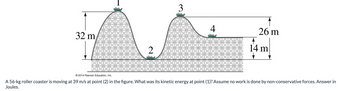 32 m
2
3
4
26 m
14 m
2014 Pearson Education, Inc.
A 56-kg roller coaster is moving at 39 m/s at point (2) in the figure. What was its kinetic energy at point (1)? Assume no work is done by non-conservative forces. Answer in
Joules.