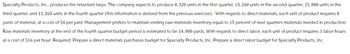 Specialty Products, Inc., produces fire retardant tarps. The company expects to produce 8, 320 units in the first quarter, 13, 260 units in the second quarter, 15, 080 units in the
third quarter, and 11, 260 units in the fourth quarter (this information is derived from the previous exercise). With regards to direct materials, each unit of product requires 8
yards of material, at a cost of $4 per yard. Management prefers to maintain ending raw materials inventory equal to 15 percent of next quarters materials needed in production.
Raw materials inventory at the end of the fourth quarter budget period is estimated to be 14,000 yards. With regards to direct labor, each unit of product requires 3 labor hours
at a cost of $16 per hour. Required: Prepare a direct materials purchases budget for Specialty Products, Inc. Prepare a direct labor budget for Specialty Products, Inc.