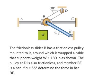 A
B
W
30°
a
D
E
The frictionless slider B has a frictionless pulley
mounted to it, around which is wrapped a cable
that supports weight W = 180 lb as shown. The
pulley at D is also frictionless, and member BE
is a bar. If a = 55° determine the force in bar
BE.