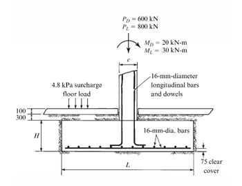 100
300
H
4.8 kPa surcharge
floor load
Pp =
600 kN
PL
= 800 kN
C
L
MD = 20 kN-m
M₁ = 30 kN-m
16-mm-diameter
longitudinal bars
and dowels
16-mm-dia. bars
75 clear
cover