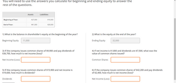 You will need to use the answers you calculate for beginning and ending equity to answer the
rest of the questions.
Beginning of Year:
End of Year:
Assets
Net Income (Loss)
$27,000
$61,000
Dividends
Liabilities
$16,000
1) What is the balance in shareholder's equity at the beginning of the year?
Beginning Equity 11,000
$29,000
3) If the company issues common shares of $9,900 and pay dividends of
$36,700, how much is net income (loss)?
5) If the company issues common shares of $15,900 and net income is
$19,600, how much is dividends?
2) What is the equity at the end of the year?
Ending Equity
4) If net income is $1,800 and dividends are $7,500, what was the
value of common shares issued?
Common Shares
32,000
6) If the company issues common shares of $42,200 and pay dividends
of $2,400, how much is net income (loss)?
Net Income (Loss)