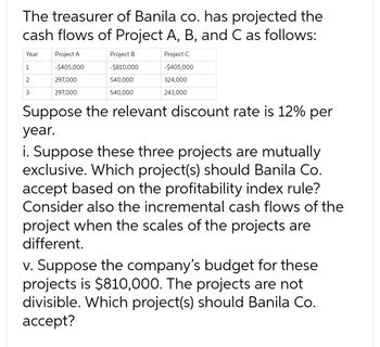 The treasurer of Banila co. has projected the
cash flows of Project A, B, and C as follows:
Year Project A
Project C
-$405,000
-$405,000
297,000
324,000
297,000
243,000
1
2
3
Project B
-$810,000
540,000
540,000
Suppose the relevant discount rate is 12% per
year.
i. Suppose these three projects are mutually
exclusive. Which project(s) should Banila Co.
accept based on the profitability index rule?
Consider also the incremental cash flows of the
project when the scales of the projects are
different.
v. Suppose the company's budget for these
projects is $810,000. The projects are not
divisible. Which project(s) should Banila Co.
accept?