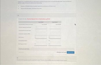 Kingbirl, Inc. is considering these two alternatives to finance its construction of a new $1.00 million plant: There currently are
600,000 number of shares of common stock outstanding
1
2
(a)
suance of 100.000 shares of common stock at the market price of $10 per share
Issuance of $1.00 million, 5% bonds at face value
Complete the table (Round earnings per share to 2 decimal places, eg. $2.66)
Issue Stock
Income before interest and taxes
Interest expense from bonds
Income before income taxes
Income tax expere (30%)
Net income
Outstanding shares
Earnings per share
eTextbook and Media
Le for Late
$1,500,000
$
Issue Bonds
$1,500,000
Attempts: 0 of 3 used Ar
(b)
The parts of this question must be completed in order. This part will be available when you complete the part above.