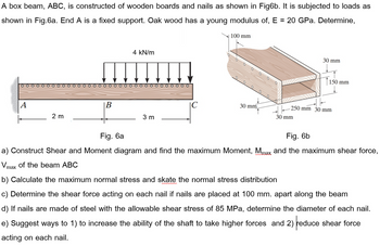 A box beam, ABC, is constructed of wooden boards and nails as shown in Fig6b. It is subjected to loads as
shown in Fig.6a. End A is a fixed support. Oak wood has a young modulus of, E = 20 GPa. Determine,
A
2 m
B
4 kN/m
3 m
|C
100 mm
30 mm
30 mm
30 mm
150 mm
250 mm 30 mm
Fig. 6a
Fig. 6b
a) Construct Shear and Moment diagram and find the maximum Moment, Mmax and the maximum shear force,
Vmax of the beam ABC
b) Calculate the maximum normal stress and skate the normal stress distribution
c) Determine the shear force acting on each nail if nails are placed at 100 mm. apart along the beam
d) If nails are made of steel with the allowable shear stress of 85 MPa, determine the diameter of each nail.
e) Suggest ways to 1) to increase the ability of the shaft to take higher forces and 2) reduce shear force
acting on each nail.