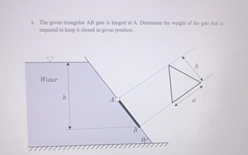 3. The given triangular AB gate is hinged at A. Determine the weight of the gate that is
required to keep it closed in given position.
Water
h
www
A
****
more
*****
B
0
****
b
a