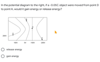 In the potential diagram to the right, if a -0.05C object were moved from point D
to point A, would it gain energy or release energy?
200V
100V
OV
-100V
-200V
release energy
O gain energy
