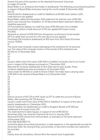 Answer this part of the question on the attached framework of journals
on pages 25 and 26.
Board Riders is an enterprise that trades in skateboards. The following accounting transactions
in respect of Board Riders took place during the month ended 31 December 2022:
Dec 01
Sold 20 electric skateboards on credit to TakeMuch at R4 000 each, before a 10%
trade discount was applied.
Board Riders settled the November 2022 statement for internet costs of R6 000
(which was received from Vodafibre, on 30 November) (Bank statement reference:
Vodafibre payment).
07 Purchased two laptops on credit the value of R9 000 each from Credible
Connection, before a trade discount of 5% was applied (Purchase invoice:
PCC005).
Received an amount of R38 000 from Amazonian via electronic funds transfer
(EFT) to settle their account ter a 5% cash discount was applied.
Purchased 200 miniature skateboards at R50 each from Tech Decks (Purchase
invoice: TD100).
17
The owner took computer screens belonging to the enterprise for his personal
use. The value of the computer screens in the records of the enterprise was
R2 000 on 17 December 2022.
03
14
15
Issued a debit note to the value of R4 000 to Credible Connection due to an invoice
error in respect of the laptops purchased on 7 December 2022.
Returned 50 miniature skateboards to Tech Deck due to poor quality. These
miniature skateboards were purchased on 15 December 2022.
Sold a trailer for R8 000 on credit to Shane O'Neill. The trailer had a carrying value
of R5 000 in the records of Board Riders on 21 December 2022.
24
27
18
19
21
28
29
31
Paid an amount of R37 275 to MrP. Sport via EFT to settle the account of Board
Riders, after receiving a R2 725 discount.
Issued a credit note to the value of R12 000 to TakeMuch in respect of the sale of
electric skateboards on 1 December 2022.
Sold 20 swallow-tail skateboards on credit to Kingdom Boards at R1 000 per
skateboard and issued Invoice 255.
The statement from Sable Square, in respect of rent of R8 500 for
December 2022, was received. Payment will occur in January 2023.
Received R1 500 interest from Venture Bank, as indicated on the bank statement
of December 2022.
YOU ARE REQUIRED TO
record the above accounting transactions, in date sequence, in the appropriate journals for
December 2022. No closing entries, journal totals, or document numbers are required to
be recorded.
(20)
Clearly show all calculations. Round off to the nearest rand, if applicable.