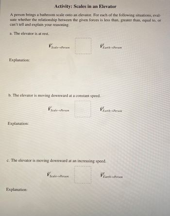 ## Activity: Scales in an Elevator

A person brings a bathroom scale onto an elevator. For each of the following situations, evaluate whether the relationship between the given forces is less than, greater than, equal to, or can’t tell and explain your reasoning.

### a. The elevator is at rest.

- **\( \vec{F}_{\text{Scale→Person}} \) [ ] \( \vec{F}_{\text{Earth→Person}} \)**

**Explanation:**  
(Write your explanation here.)

---

### b. The elevator is moving downward at a constant speed.

- **\( \vec{F}_{\text{Scale→Person}} \) [ ] \( \vec{F}_{\text{Earth→Person}} \)**

**Explanation:**  
(Write your explanation here.)

---

### c. The elevator is moving downward at an increasing speed.

- **\( \vec{F}_{\text{Scale→Person}} \) [ ] \( \vec{F}_{\text{Earth→Person}} \)**

**Explanation:**  
(Write your explanation here.)

---

**Notes on Evaluation:**

- \( \vec{F}_{\text{Scale→Person}} \) represents the force exerted by the scale on the person.
- \( \vec{F}_{\text{Earth→Person}} \) represents the gravitational force (weight) exerted by the Earth on the person.
- Use physics concepts such as Newton’s laws of motion and acceleration to analyze the forces in each scenario.