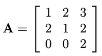 The image shows a matrix \( A \) defined as follows:

\[
A = \begin{bmatrix} 
1 & 2 & 3 \\ 
2 & 1 & 2 \\ 
0 & 0 & 2 
\end{bmatrix}
\]

This is a 3x3 matrix with three rows and three columns, containing nine elements in total. Each element corresponds to an entry in the matrix, positioned by its respective row and column.