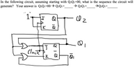 In the following circuit, assuming starting with Q2Qi=00, what is the sequence the circuit will
generate? Your answer is Q2Qi=00 → Q2Qi=
> Q2Qi=_
→Q:Qi=.
It
Q
K
Cloctt
