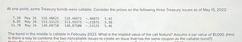 At one point, some Treasury bonds were callable. Consider the prices on the following three Treasury issues as of May 15, 2022:
7.20 May 26
8.95 May 26
12.70 May 26
116.40625 116.46875 -.46875 5.42
113.53125 113.59375 -.21875 5.38
148.68750 148.87500 -.53125 5.46
The bond in the middle is callable in February 2023. What is the implied value of the call feature? Assume a par value of $1,000. (Hint:
Is there a way to combine the two noncallable issues to create an issue that has the same coupon as the callable bond?)