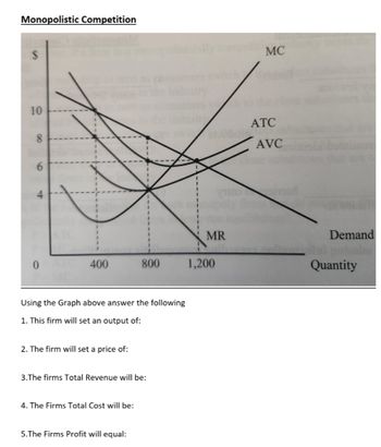 Monopolistic Competition
SA
10
8
6
4
0
400
Using the Graph above answer the following
1. This firm will set an output of:
2. The firm will set a price of:
800
3.The firms Total Revenue will be:
4. The Firms Total Cost will be:
5.The Firms Profit will equal:
adibole
MR
1,200
MC
ATC
AVC
Demand
Quantity