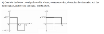 6) Consider the below two signals used in a binary communication, determine the dimension and the
basis signals, and present the signal constellation.
$₁(t)
√&b/Tb
h
Tb/2
Tb
-√εb/Tb
$₂(1)
√εb/Tb
0
Tb