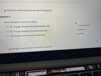 > A Moving to another question will save this response.
Question 2
Match the type of transport in plants:
+ Through cell walls and spaces between cells
A. Transmembrane
Through cytoplasm and plasmodesmata
B.Apoplast
+Through cell and vacuole membranes
C. Symplast
A Moving to another question will save this response.
MacBook Pro
