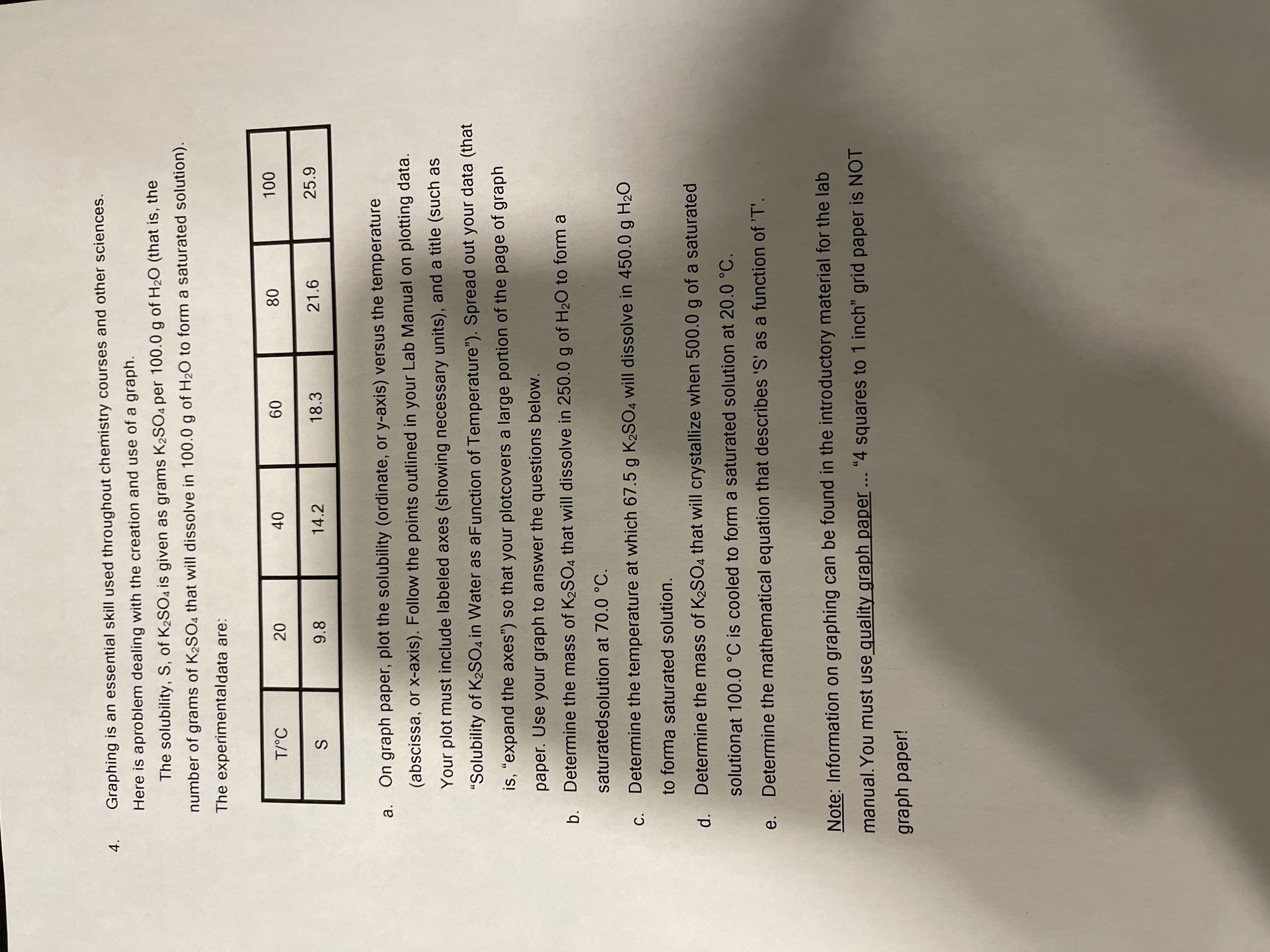 4.
Graphing is an essential skill used throughout chemistry courses and other sciences.
Here is aproblem dealing with the creation and use of a graph.
The solubility, S, of K2SO4 is given as grams K2SO4 per 100.0 g of H2O (that is, the
number of grams of K2SO4 that will dissolve in 100.0 g of H2O to form a saturated solution).
The experimentaldata are:
T/°C
09
08
20
40
9.8
14.2
18.3
21.6
25.9
a.
On graph paper, plot the solubility (ordinate, or y-axis) versus the temperature
(abscissa, or x-axis). Follow the points outlined in your Lab Manual on plotting data.
Your plot must include labeled axes (showing necessary units), and a title (such as
"Solubility of K2SO4 in Water as aFunction of Temperature"). Spread out your data (that
is, “expand the axes") so that your plotcovers a large portion of the page of graph
paper. Use your graph to answer the questions below.
b. Determine the mass of K2SO4 that will dissolve in 250.0 g of H20 to form a
saturatedsolution at 70.0 °C.
c. Determine the temperature at which 67.5 g K2SO4 will dissolve in 450.0 g H20
to forma saturated solution.
d. Determine the mass of K2SO4 that will crystallize when 500.0 g of a saturated
solutionat 100.0 °C is cooled to form a saturated solution at 20.0 °C.
e. Determine the mathematical equation that describes 'S' as a function of 'T'.
Note: Information on graphing can be found in the introductory material for the lab
manual.You must use quality graph paper ... “4 squares to 1 inch" grid paper is NOT
graph paper!
