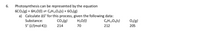 6.
Photosynthesis can be represented by the equation
6CO(g) + 6H;O(1I) = C,H12O6(s) + 60;(g)
a) Calculate AS° for this process, given the following data:
Co:(g)
0:(g)
205
CH12O6(s)
H,O(1)
70
Substance:
212
S° (J/(mol-K)):
214
