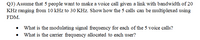 Q3) Assume that 5 people want to make a voice call given a link with bandwidth of 20
KHz ranging from 10 kHz to 30 KHz. Show how the 5 calls can be multiplexed using
FDM.
What is the modulating signal frequency for each of the 5 voice calls?
What is the carrier frequency allocated to each user?
