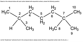 Based on the molecule below with each carbon labeled with sequential numbers, answer the following question:
1
H3C
H
2
с
H ₂
C.
4
3
CH3
5
ين
H₂
C
6
H3C 8
7
C
List the "Quaternary" carbon(s) found in the compound above: (please answer like this in sequential number order: #x, #y, etc...)
10
CH3
CH3
9