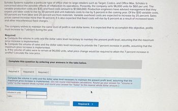 Scholes Systems supplies a particular type of office chair to large retailers such as Target, Costco, and Office Max. Scholes is
concerned about the possible effects of inflation on its operations. Presently, the company sells 96,000 units for $60 per unit. The
variable production costs are $30, and fixed costs amount to $1,560,000. Production engineers have advised management that they
expect unit labor costs to rise by 20 percent and unit materials costs to rise by 5 percent in the coming year. Of the $30 variable costs.
60 percent are from labor and 20 percent are from materials. Variable overhead costs are expected to increase by 25 percent. Sales
prices cannot increase more than 10 percent. It is also expected that fixed costs will rise by 6 percent as a result of increased taxes
and other miscellaneous fixed charges.
The company wishes to maintain the same level of profit in real dollar terms. It is expected that to accomplish this objective, profits
must increase by 7 percent during the year.
Required:
a. Compute the volume in units and the dollar sales level necessary to maintain the present profit level, assuming that the maximum
price increase is implemented.
b. Compute the volume of sales and the dollar sales level necessary to provide the 7 percent increase in profits, assuming that the
maximum price increase is implemented.
c. If the volume of sales were to remain at 96,000 units, what price change would be required to attain the 7 percent increase in
profits? Calculate the new price.
Complete this question by entering your answers in the tabs below.
Required A
Required B Required C
Compute the volume in units and the dollar sales level necessary to maintain the present profit level, assuming that the
maximum price increase is implemented. (Do not round intermediate calculations. Round up your answer for "Volume in
units to the nearest whole number and round your answer for "Sales" to the nearest whole dollar amount.)
Volume in units
Sales
Required A
Required B >