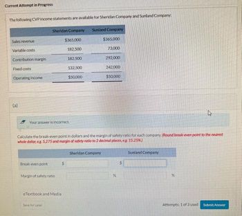 Current Attempt in Progress
The following CVP income statements are available for Sheridan Company and Sunland Company.
Sales revenue
Variable costs
Contribution margin
Fixed costs
Operating income
(a)
Your answer is incorrect.
Sheridan Company
$365,000
182,500
182,500
132,500
$50,000
Break-even point
Margin of safety ratio
eTextbook and Media
Save for Later
Sunland Company
$365,000
73,000
Calculate the break-even point in dollars and the margin of safety ratio for each company. (Round break-even point to the nearest
whole dollar, eg. 5,275 and margin of safety ratio to 2 decimal places, eg. 15.25%)
292,000
Sheridan Company
242,000
$50,000
96
$
Sunland Company
%
2
Attempts: 1 of 3 used
Submit Answer