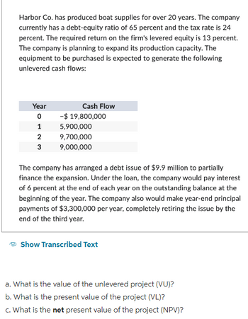 Harbor Co. has produced boat supplies for over 20 years. The company
currently has a debt-equity ratio of 65 percent and the tax rate is 24
percent. The required return on the firm's levered equity is 13 percent.
The company is planning to expand its production capacity. The
equipment to be purchased is expected to generate the following
unlevered cash flows:
Year
0
1
2
3
Cash Flow
-$ 19,800,000
5,900,000
9,700,000
9,000,000
The company has arranged a debt issue of $9.9 million to partially
finance the expansion. Under the loan, the company would pay interest
of 6 percent at the end of each year on the outstanding balance at the
beginning of the year. The company also would make year-end principal
payments of $3,300,000 per year, completely retiring the issue by the
end of the third year.
Show Transcribed Text
a. What is the value of the unlevered project (VU)?
b. What is the present value of the project (VL)?
c. What is the net present value of the project (NPV)?