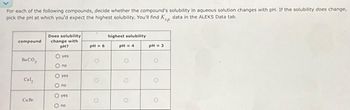 For each of the following compounds, decide whether the compound's solubility in aqueous solution changes with pH. If the solubility does change,
pick the pH at which you'd expect the highest solubility. You'll find Kp data in the ALEKS Data tab.
compound
BaCO,
Cal₂
Cu Br
Does solubility
change with
PH?
O yes
O no
O yes
Ono
O yes
O no
pH = 6
highest solubility
pH = 4
pH = 3
O