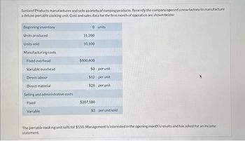 Sunland Products manufactures and sells a variety of camping products. Recently the company opened a new factory to manufacture
a deluxe portable cooking unit. Cost and sales data for the first month of operation are shown below:
Beginning inventory
Units produced
Units sold
Manufacturing costs
Fixed overhead
Variable overhead
Direct labour
Direct material
Selling and administrative costs
Fixed
Variable
0 units
11,200
10,100
$100,800
$3
$12
$28
$207,100
per unit.
per unit
per unit
$3 per unit sold
The portable cooking unit sells for $110. Management is interested in the opening month's results and has asked for an income
statement.