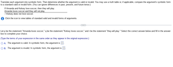 **Translate each argument into symbolic form. Then determine whether the argument is valid or invalid. You may use a truth table or, if applicable, compare the argument's symbolic form to a standard valid or invalid form. (You can ignore differences in past, present, and future tense.)**

If Amanda and Kelsey love soccer, then they will play.  
Amanda loves soccer and they will not play.  
∴ Kelsey does not love soccer.

