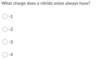 What charge does a nitride anion always have?
O-1
O-2
O-3
O-4
