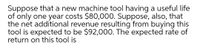 Suppose that a new machine tool having a useful life
of only one year costs $80,000. Suppose, also, that
the net additional revenue resulting from buying this
tool is expected to be $92,000. The expected rate of
return on this tool is
