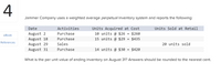 4
Jammer Company uses a weighted average perpetual inventory system and reports the following:
Units Acquired at Cost
10 units @ $26 = $260
15 units @ $29 = $435
Date
Activities
Units Sold at Retail
August 2
August 18
Purchase
еВook
Purchase
References
August 29
Sales
20 units sold
August 31
Purchase
14 units @ $30 = $420
What is the per unit value of ending inventory on August 31? Answers should be rounded to the nearest cent.
