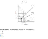 Figure 15-2
Curve D
Curve C
P3
Curve B
Curve A
Q, Q Q, Q, Q;
QUANTITY
Refer to Figure 15-2. The demand curve for a monopoly firm is depicted by curve
а. С.
b. В.
С. А.
d. D.
PRICE
