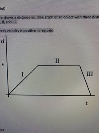 int)
re shows a distance vs. time graph of an object with three disti
I, II, and IlI.
ect's velocity is positive in region(s)
d.
II
III
t
ons
